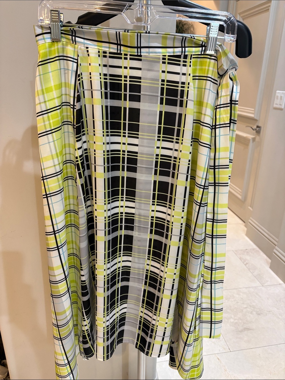 Topshop Plaid Wrap Skirt in Lime, Black & White